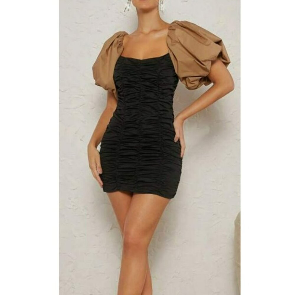 Ruched Puff Sleeve Mini Bodycon Dress